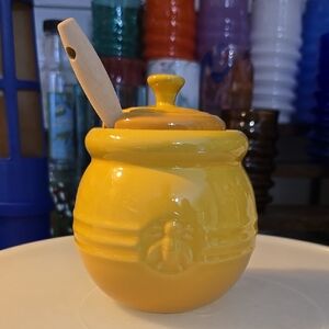 Yellow Le Creuset Ceramic Honey Pot with Wooden Dipper